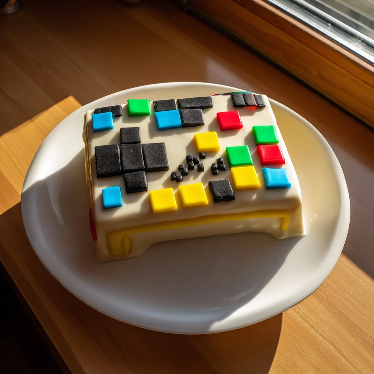 A colorful Pixel Video Game Controller Cake, vividly detailed with playful fondant buttons and gray background.