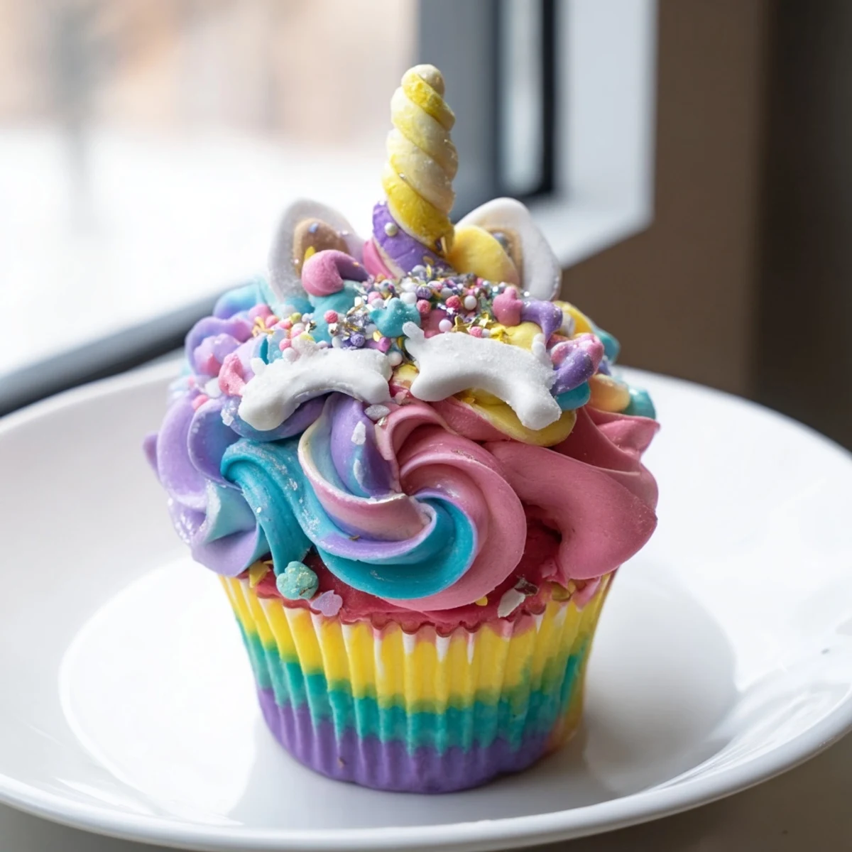 A vibrant Magical Unicorn Dessert Table overflowing with colorful cupcakes, cookies, and treats.