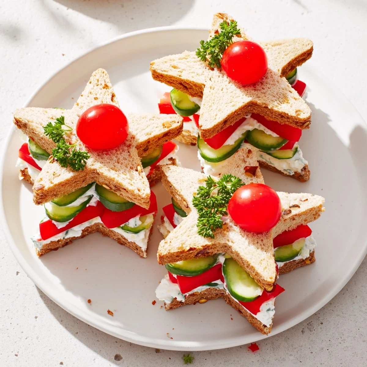 Stacked Star Christmas Tree Sandwiches, festive appetizers with red pepper and cucumber fillings, ready to eat!