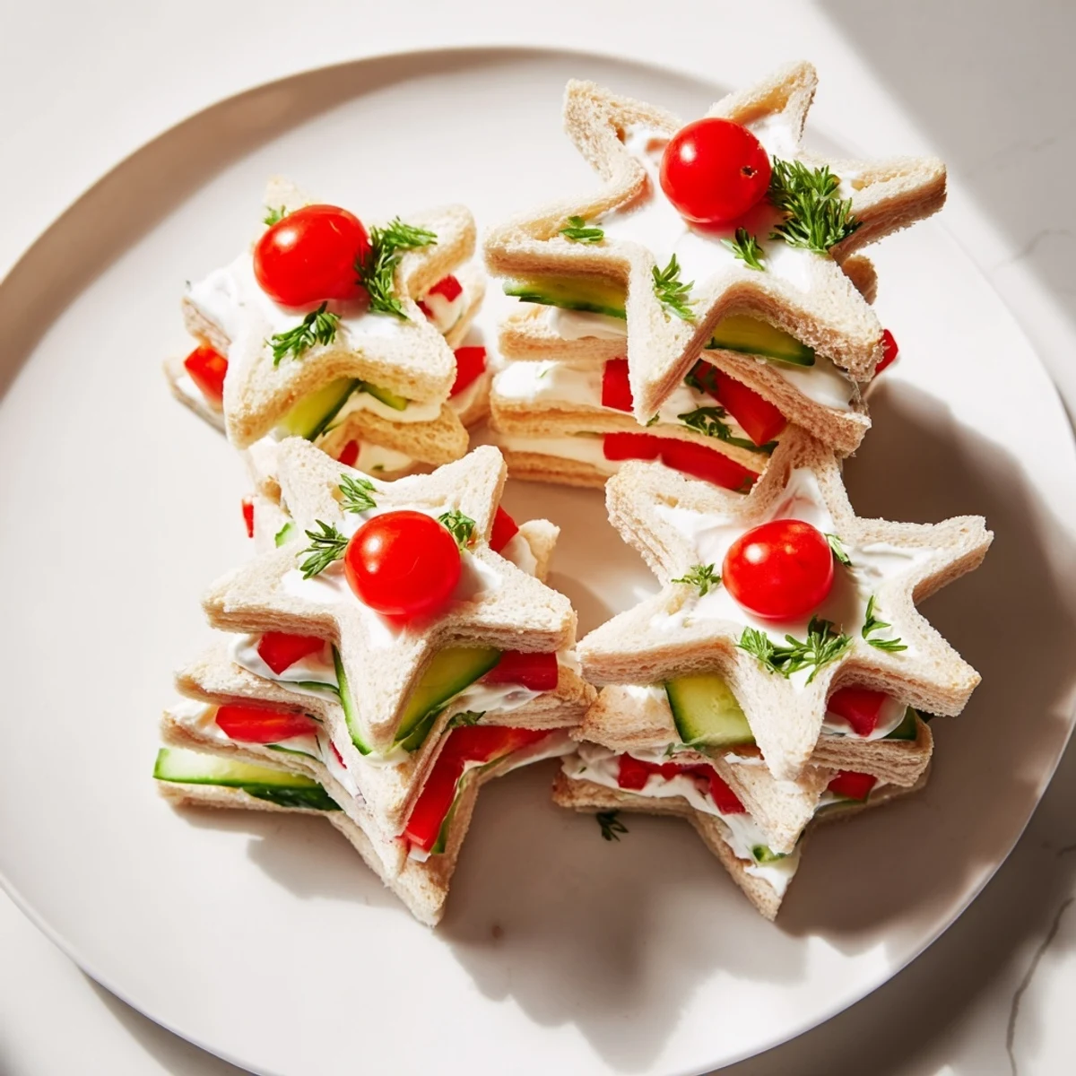 Delicious Stacked Star Christmas Tree Sandwiches made with star-shaped bread, perfect for a holiday party spread.