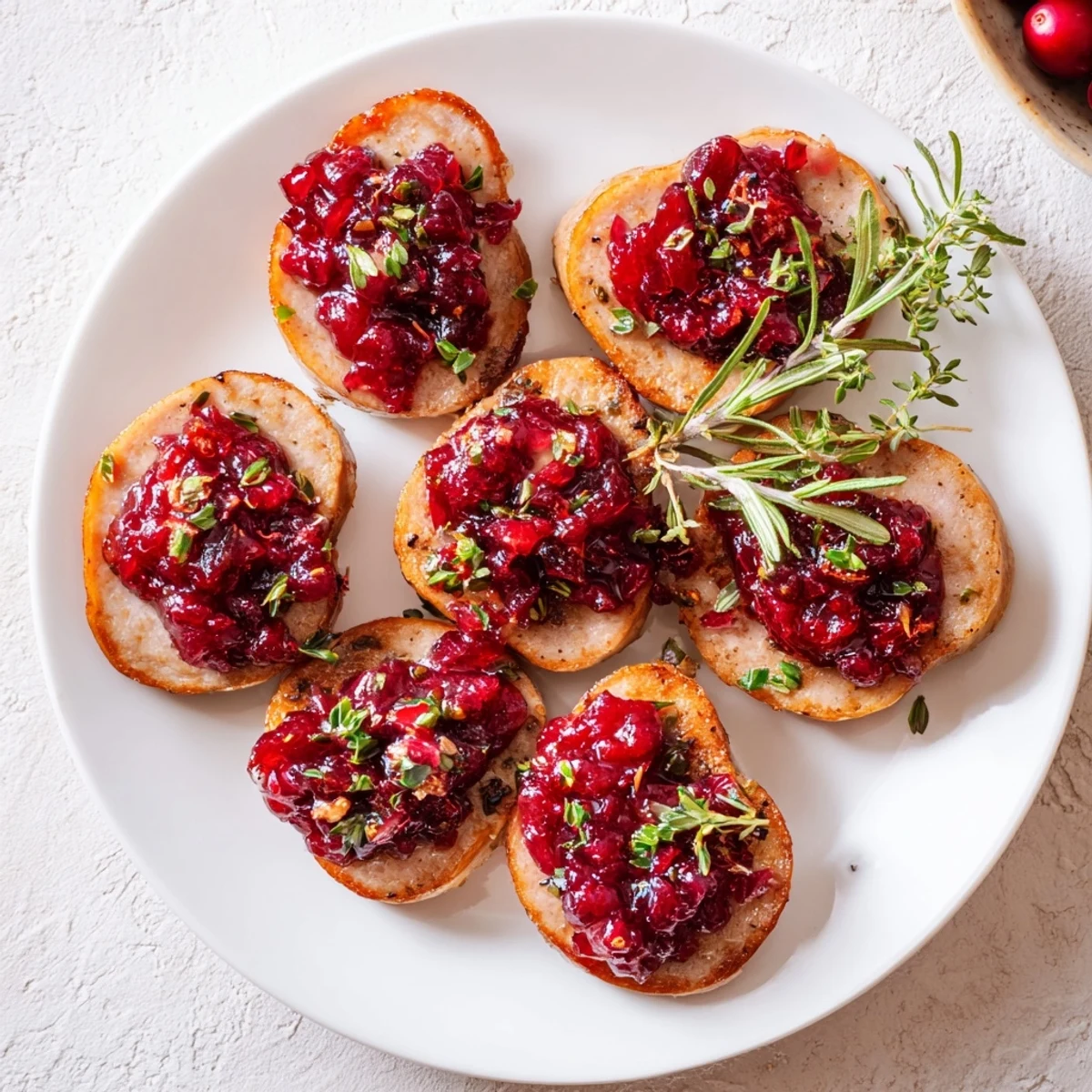A close-up of delicious Festive Holly Berry Sausage Bites garnished with fresh cranberry and herb holly.