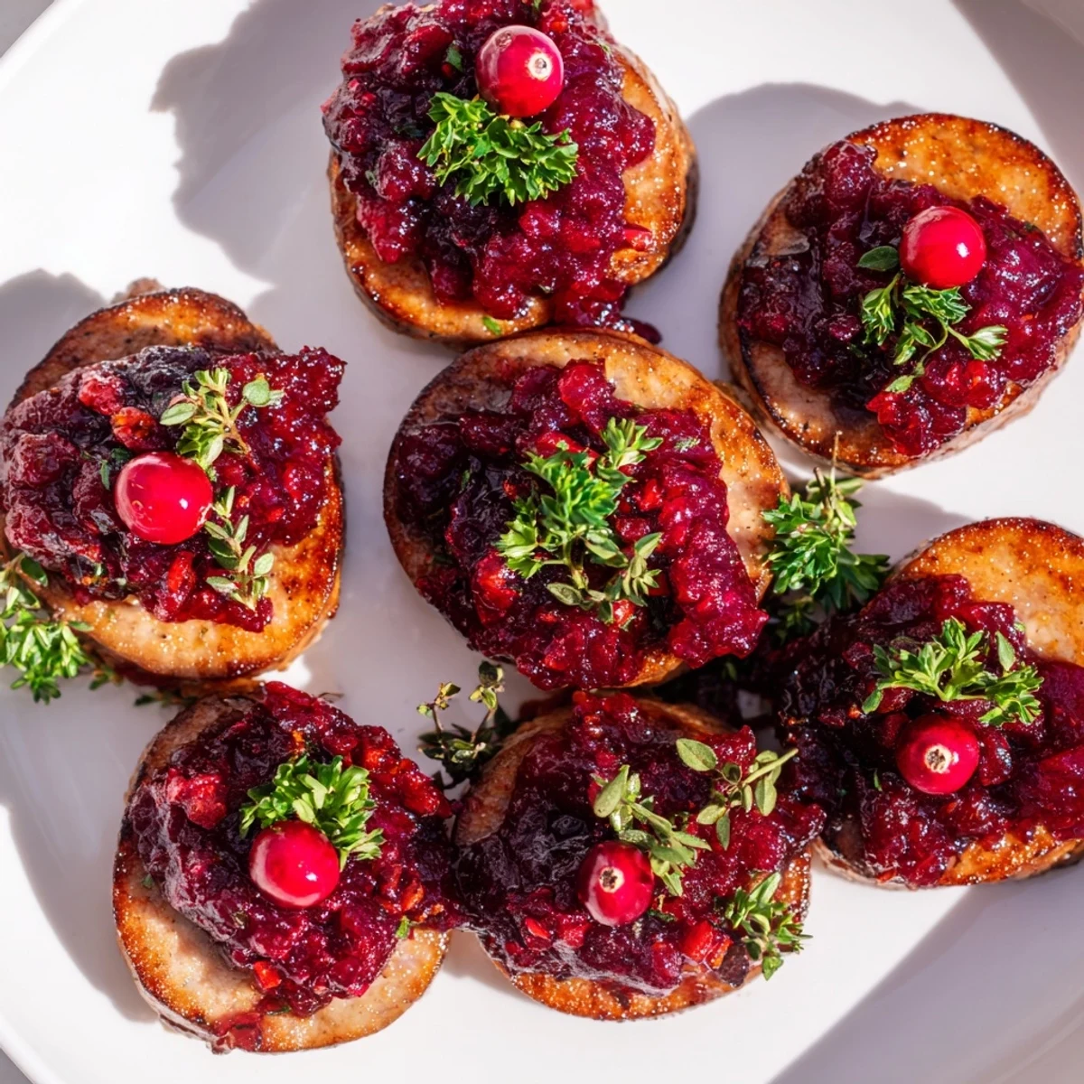 Warm, spicy Festive Holly Berry Sausage Bites make a delicious appetizer for a holiday party!
