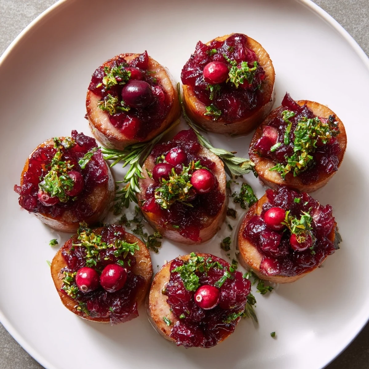 Golden-brown, savory Festive Holly Berry Sausage Bites drizzled with cranberry sauce, ready to serve and enjoy.