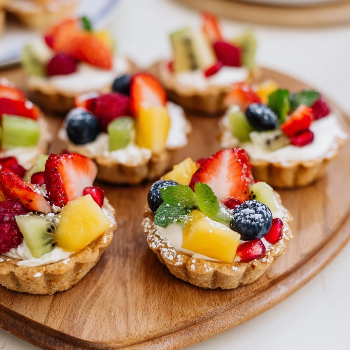 Mini tartlets overflowing with creamy filling and beautiful, colorful fruit on a heart shaped board.