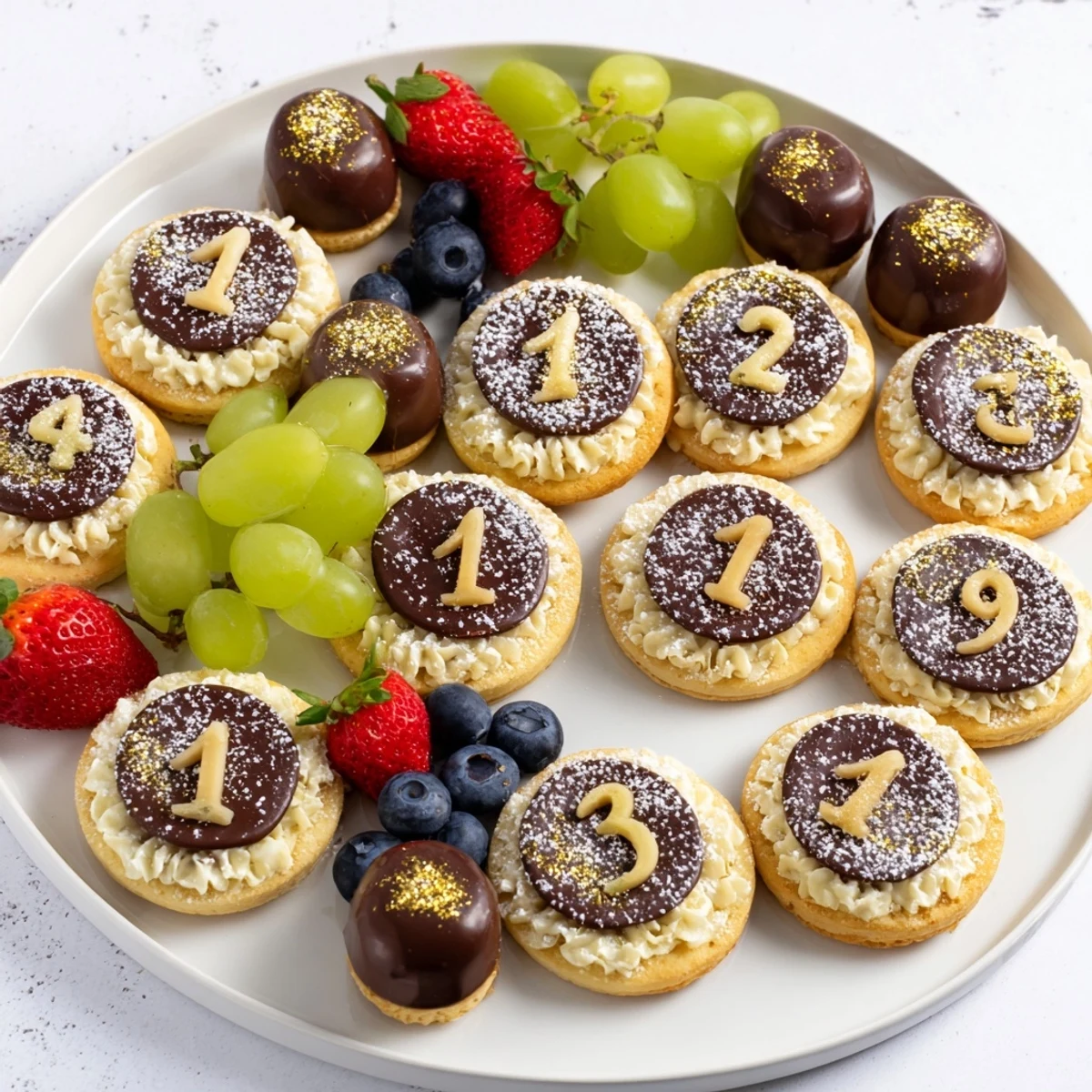 Sparkling Clock Countdown Platter, a festive dessert, showcasing a New Year's Eve delight ready to serve.
