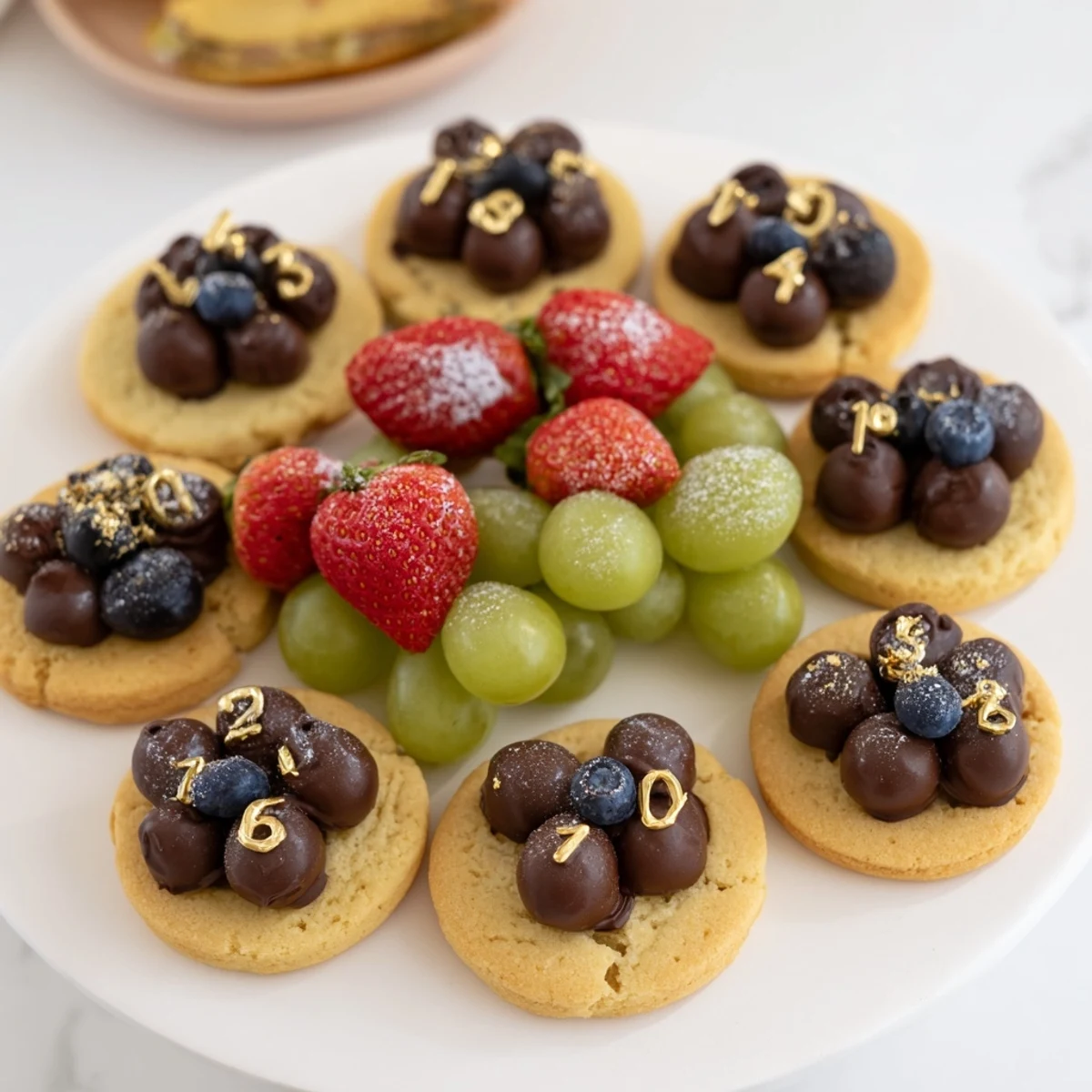 This Sparkling Clock Countdown Platter displays cookies, fruits, and sparkling decorations for a delicious dessert.