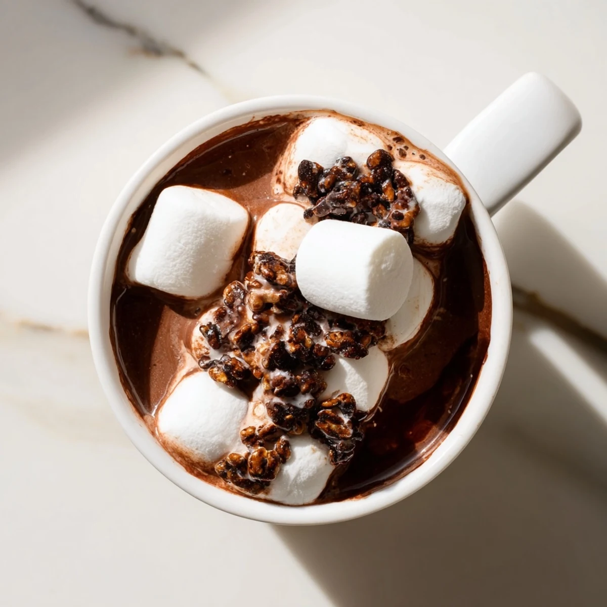 Steaming mug of hot chocolate with a Cozy Bear Marshmallow Bar, a sweet, rich dessert in every sip.