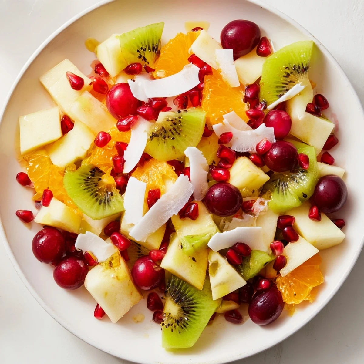 Vibrant Snowflake Fruit Medley, a festive dessert salad with juicy pomegranate and coconut topping.