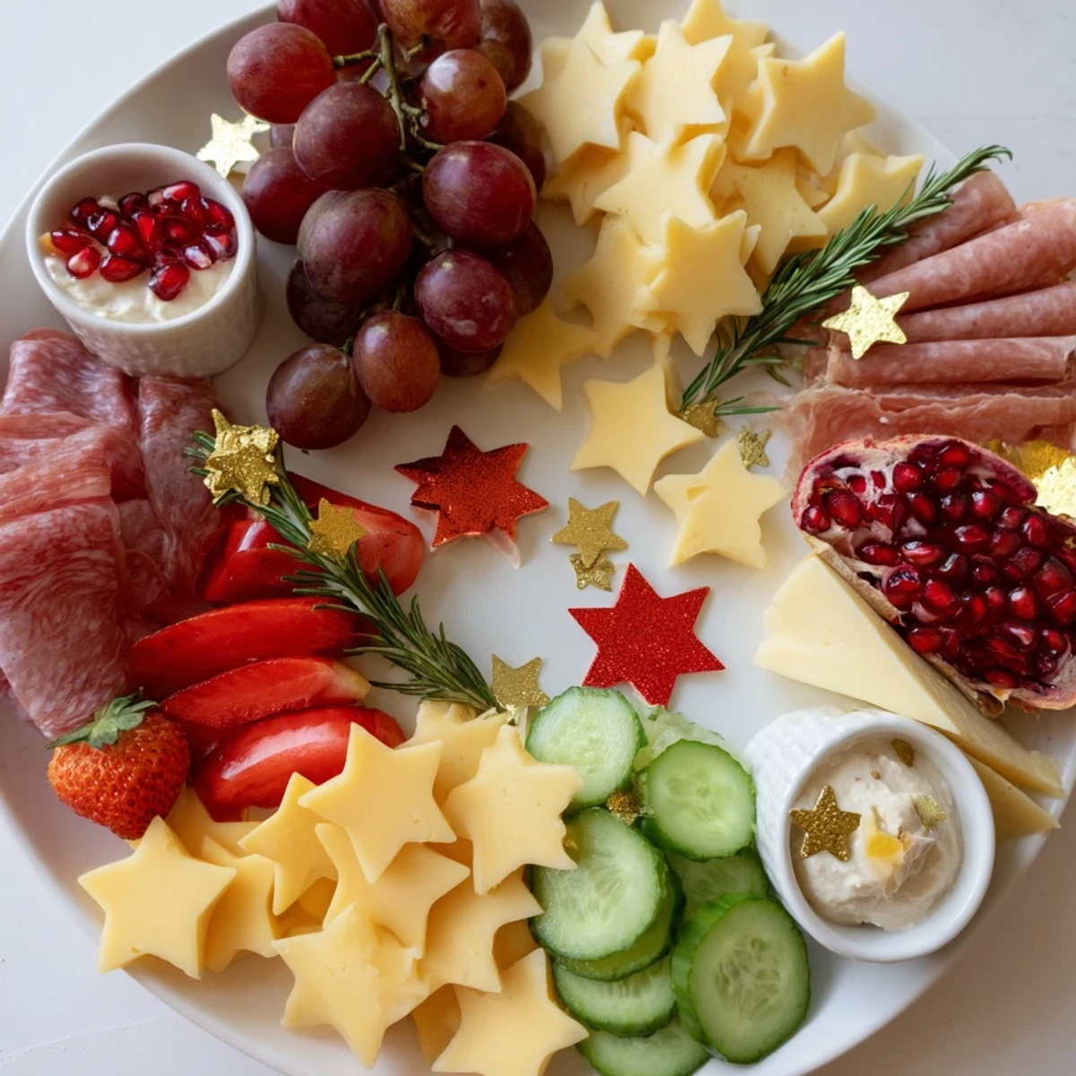 Festive Happy New Year Star Board showcases star-shaped cheeses, meats, and colorful fruits perfect for the occasion.