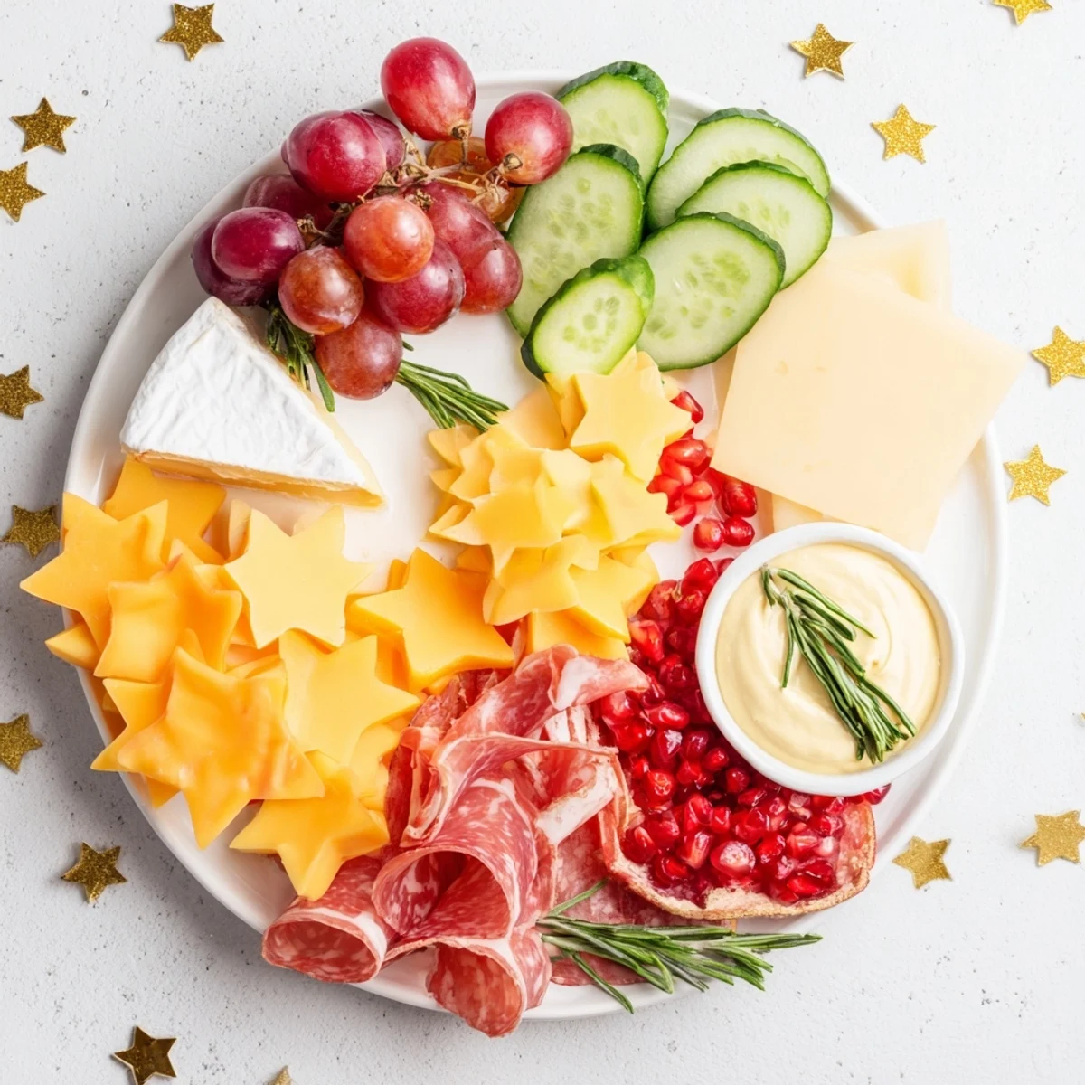 A delicious close-up of the Happy New Year Star Board arrangement, including baguette slices and honey mustard dip.