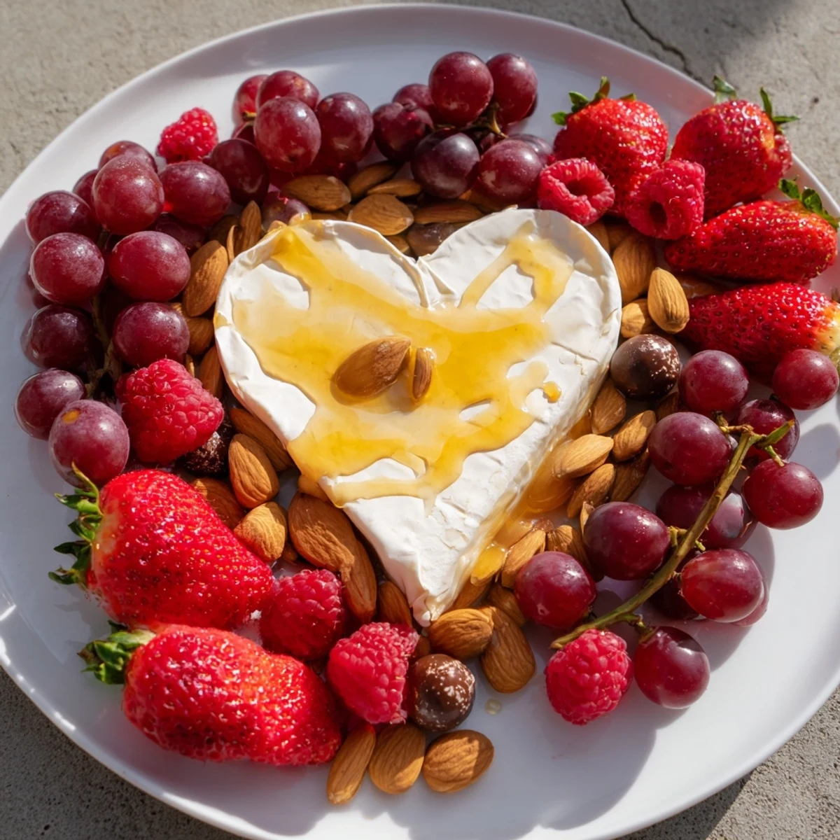 Sweetheart Brie and Jam Board is beautifully arranged with cheese, berries, jams, and crackers for a romantic appetizer.