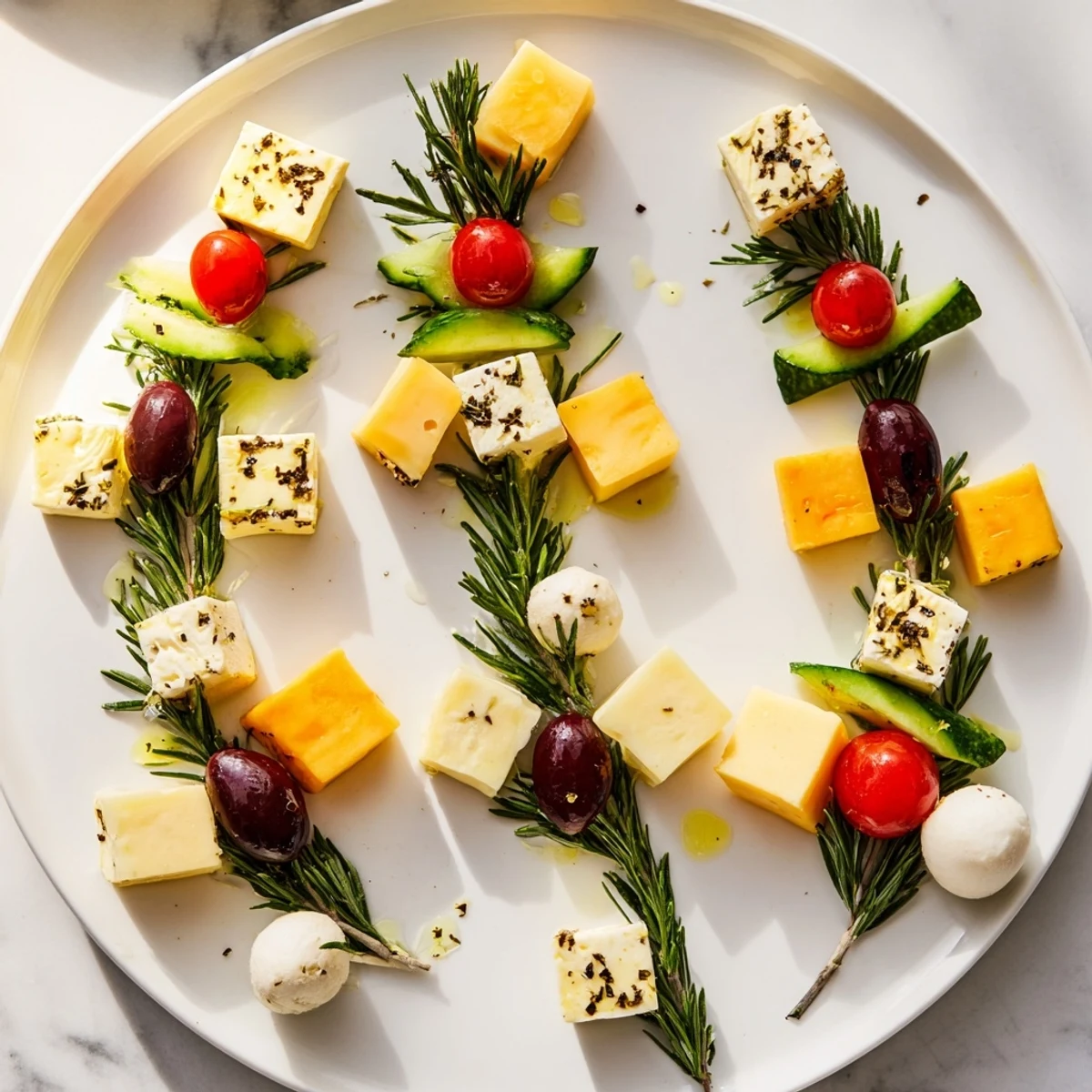 Festive cheese and olives pine tree wreath, an elegant appetizer with colorful marinated olives and cheeses.