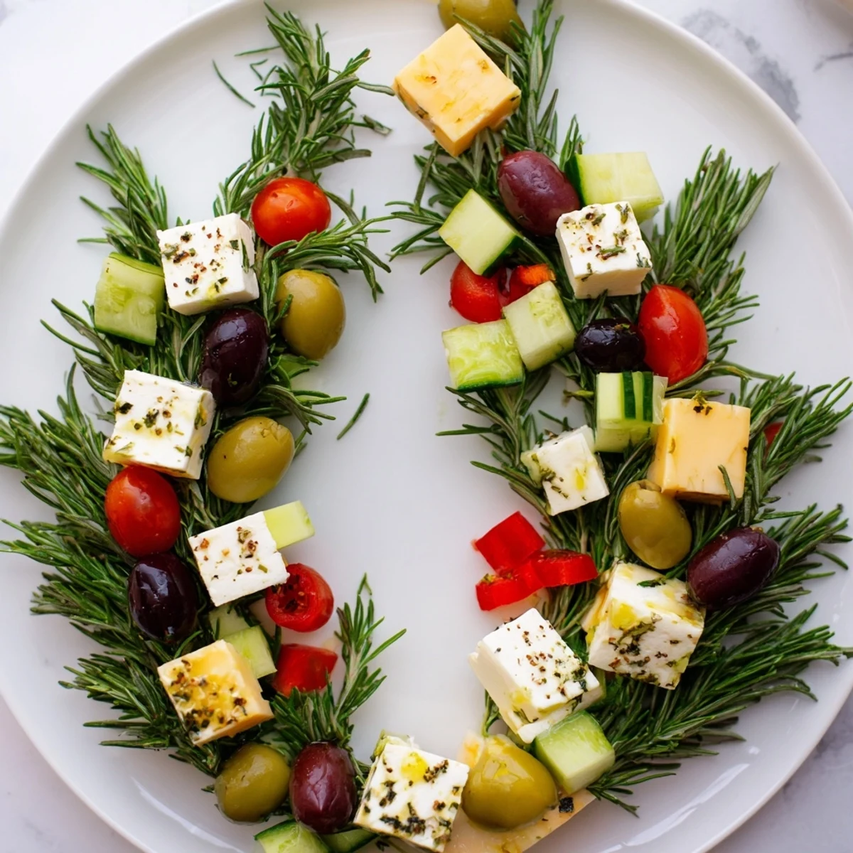 Mediterranean-style cheese and olives pine tree appetizer; a savory holiday wreath arrangement with olives.