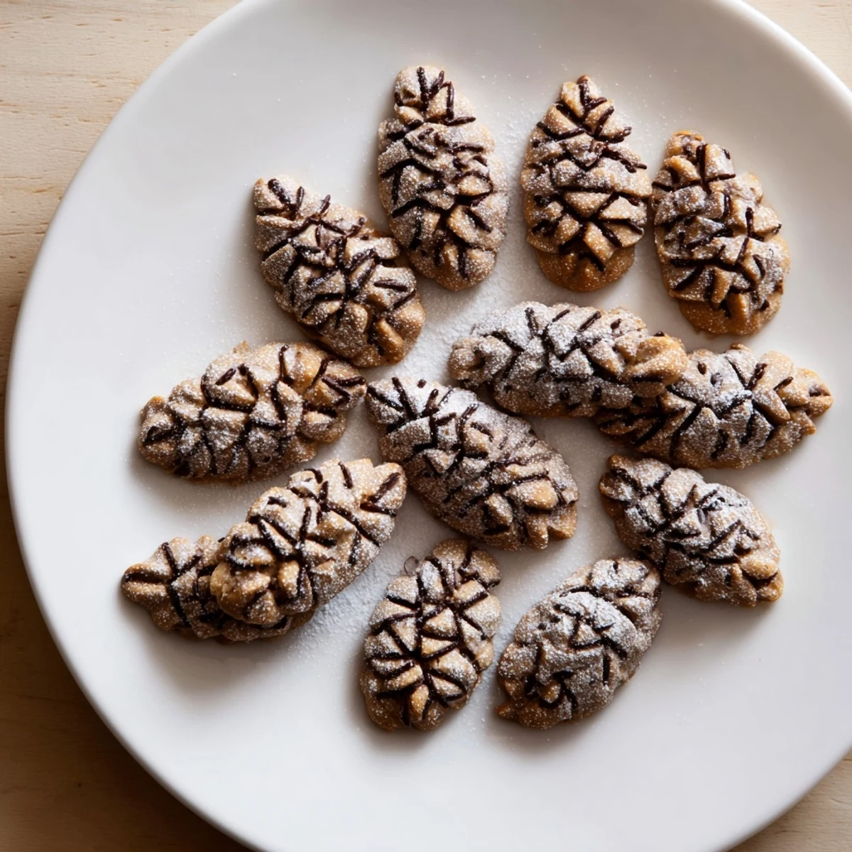 Golden-baked Pinecone Shaped Peanut Butter Cookies, ready to eat, with chocolate sprinkles like perfect scales.