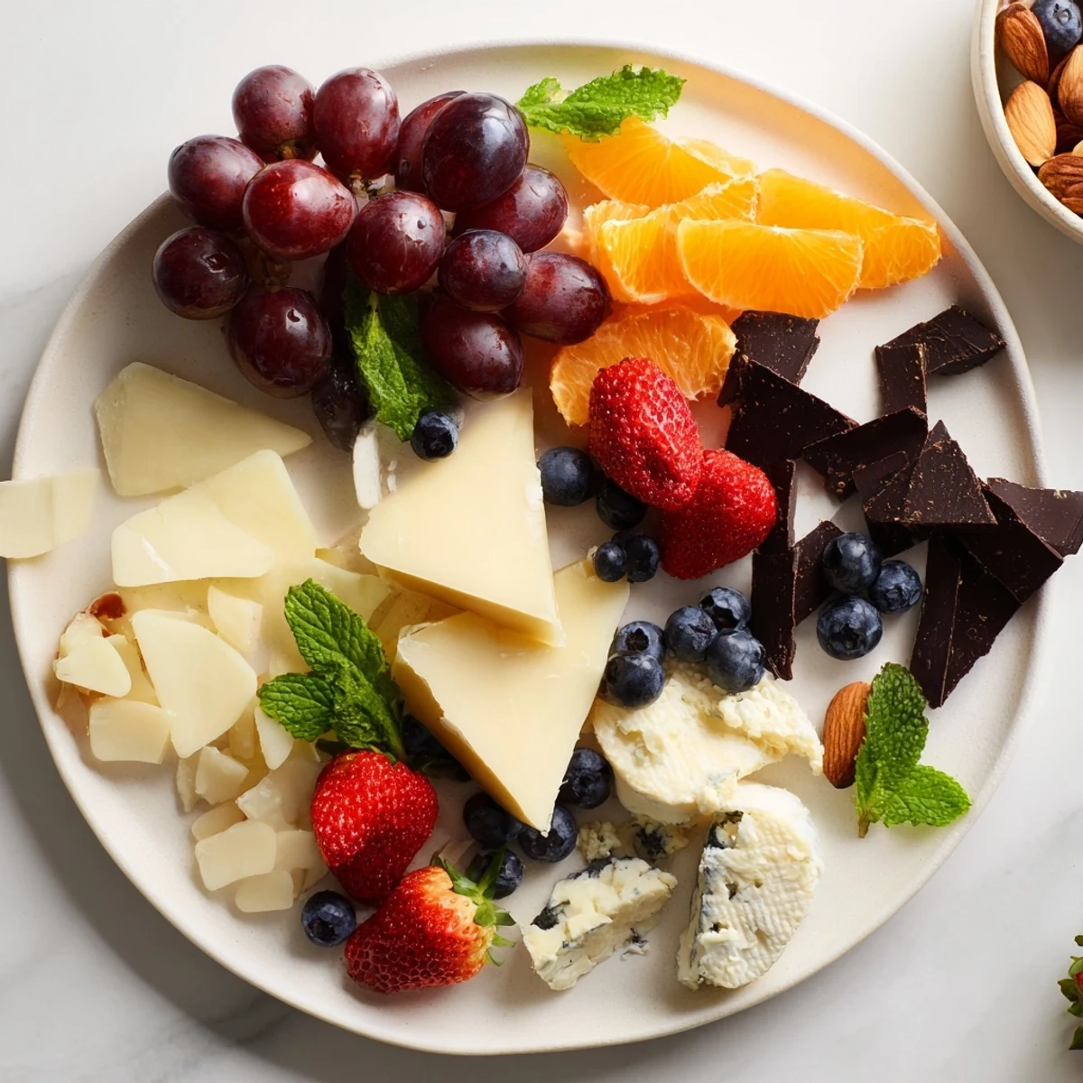 Overflowing platter shows the Grapes of Fortune Dessert Board with vibrant grapes and assorted treats.