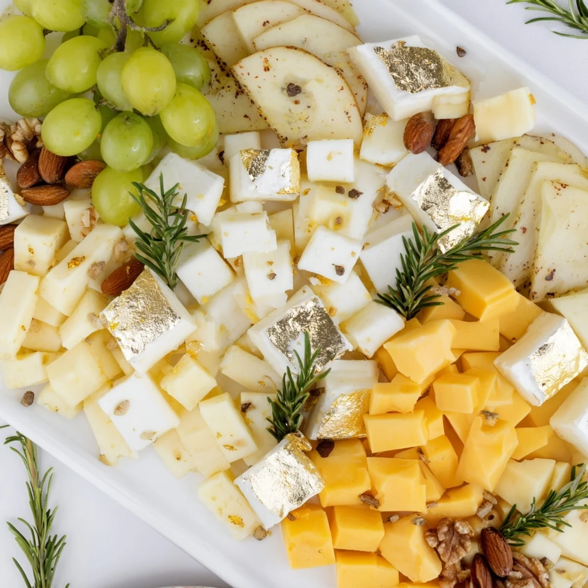 A beautifully arranged Gold and Silver Cheese Cube Board, perfect for elegant New Year's Eve gatherings.