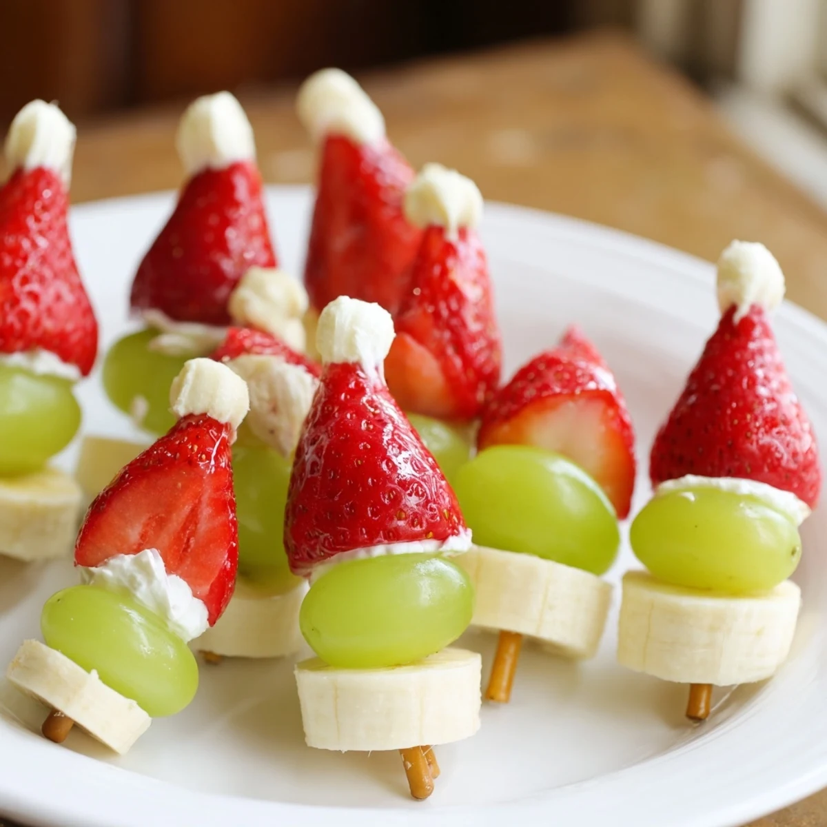 Vibrant Elf Hat Strawberry Skewers: juicy strawberries, bananas, and grapes make a festive, kid-friendly snack.