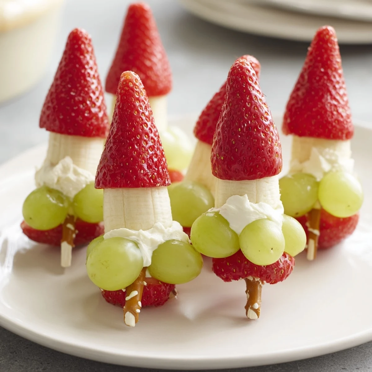 Sweet, assembled Elf Hat Strawberry Skewers with fresh fruit, ready to enjoy at a party.