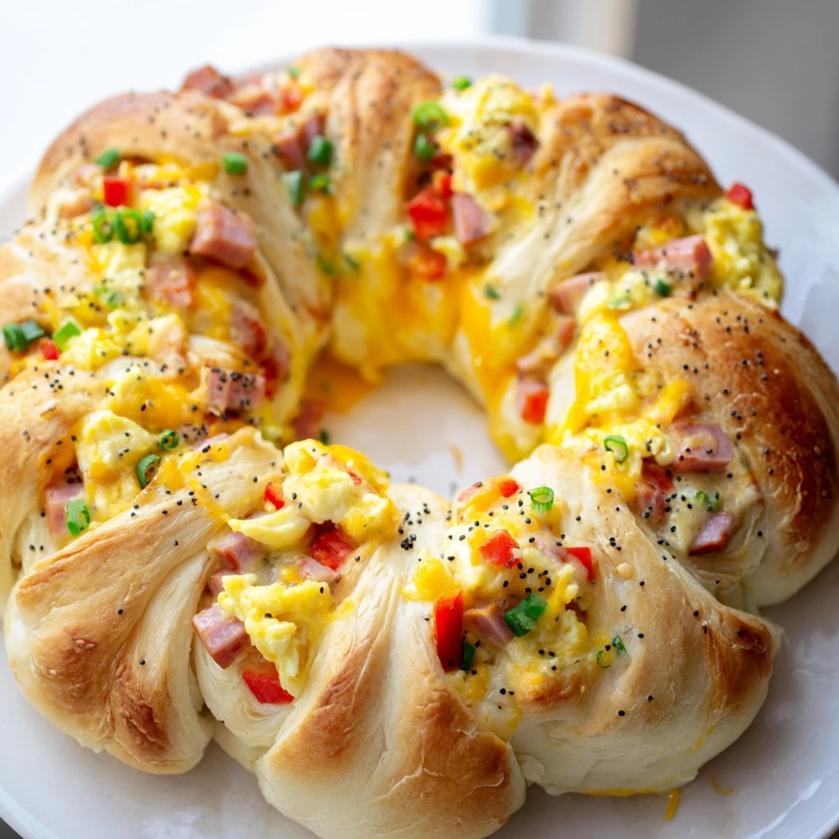 Golden-brown Wreath-Shaped Egg and Ham Bake, a savory brunch delight with bubbly cheese and fluffy eggs.