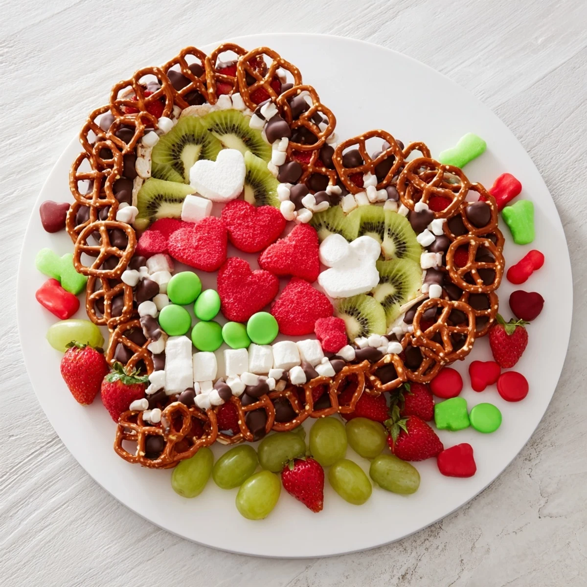 This delicious Grinch's Heart Pretzel Board features sweet and salty pretzels and fresh fruit for a festive snack.