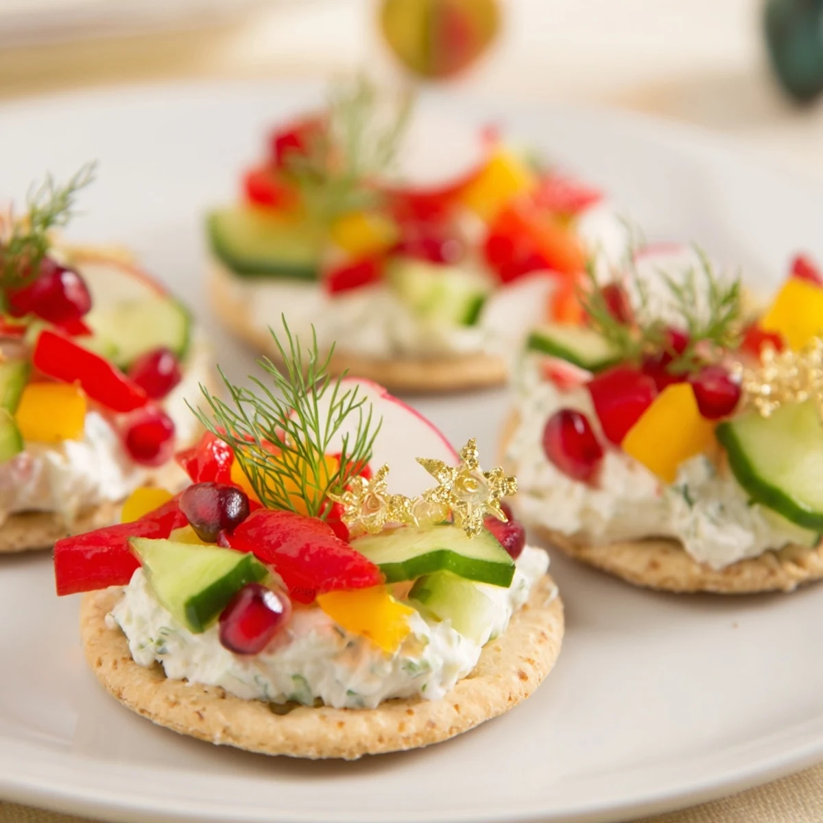 Ornament Shaped Cracker Toppings arranged festively, featuring colorful peppers and creamy toppings ready to eat.