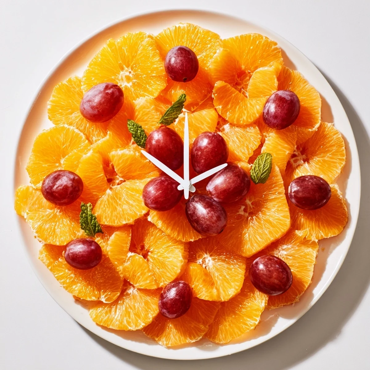 Vibrant grape and orange slice clock face, a colorful brunch, featuring juicy fruit slices perfectly arranged.