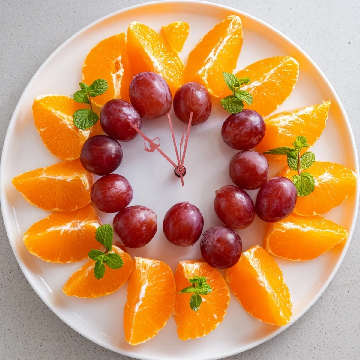 Fresh orange segments and grapes artfully create a clock face, a fun and easy fruit platter recipe.