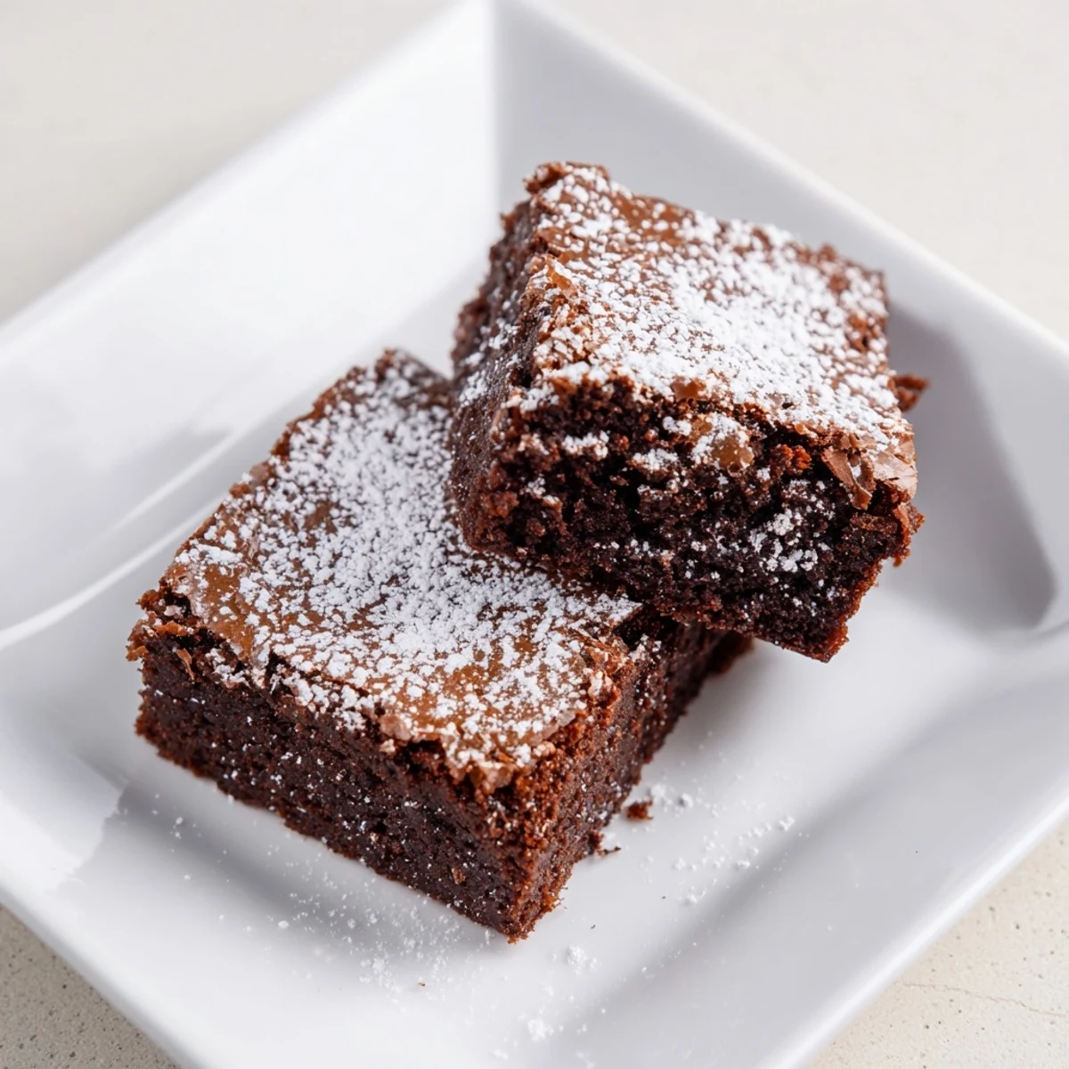 Warm, gooey Brownie Squares dusted with powdered sugar, a perfect American dessert for any occasion.