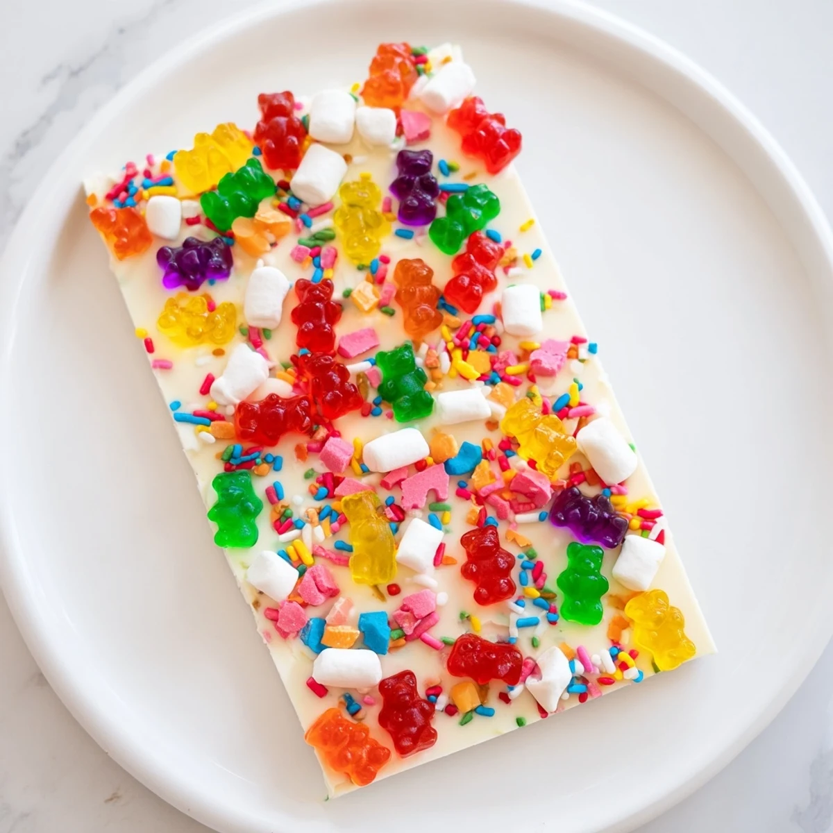A colorful and festive assortment of gummy bears and candy canes scattered atop white chocolate.
