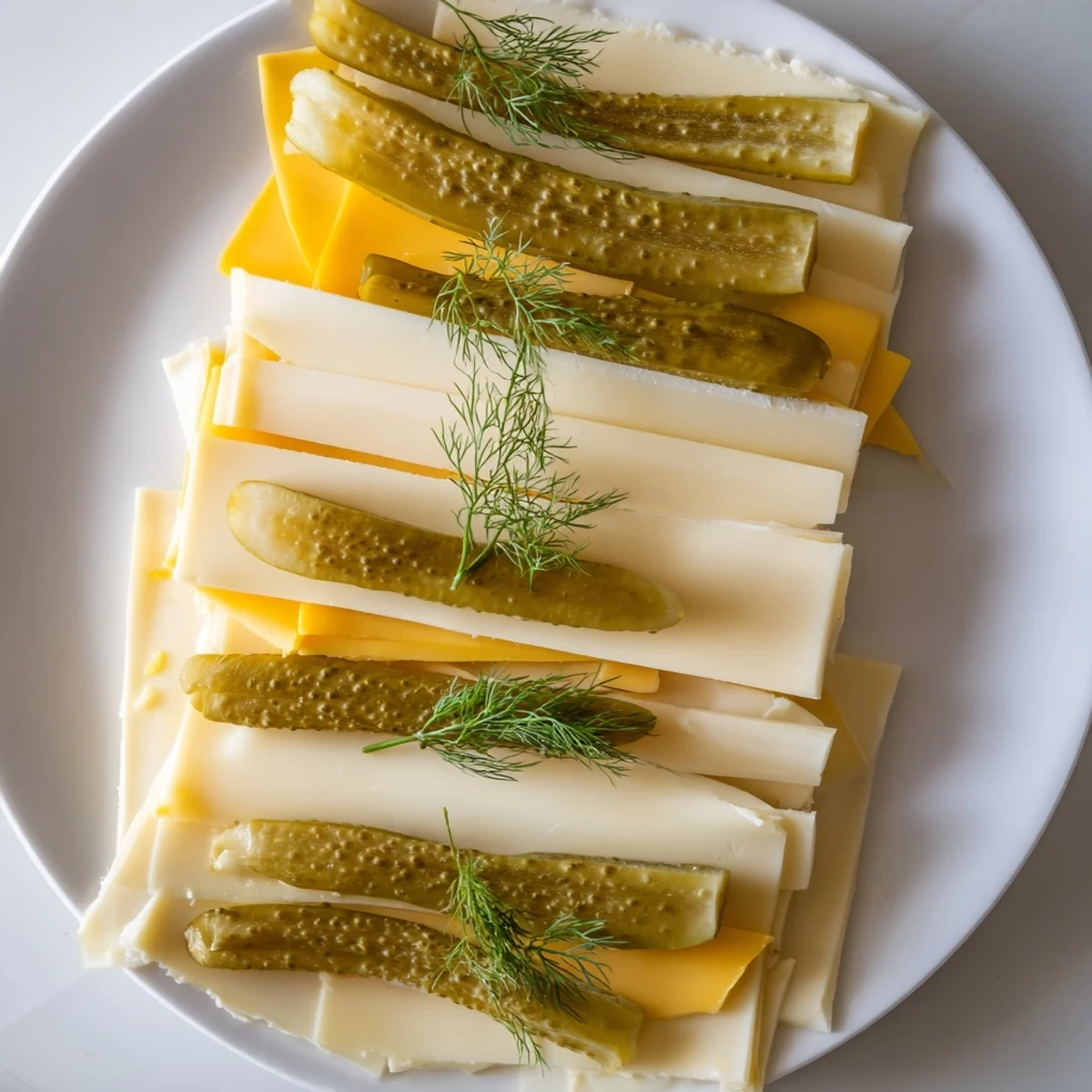 Platter showcasing dill pickles and sliced cheese, a vibrant and refreshing American appetizer.