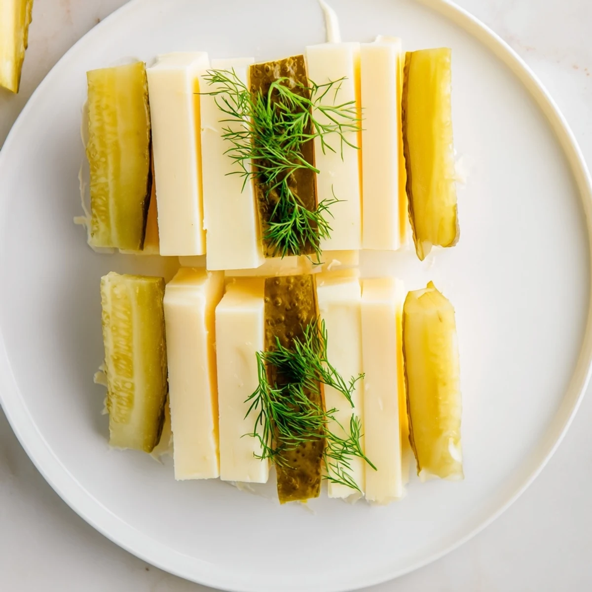 Beautiful arrangement of dill pickles with various sliced cheeses, ready to be enjoyed as a snack.