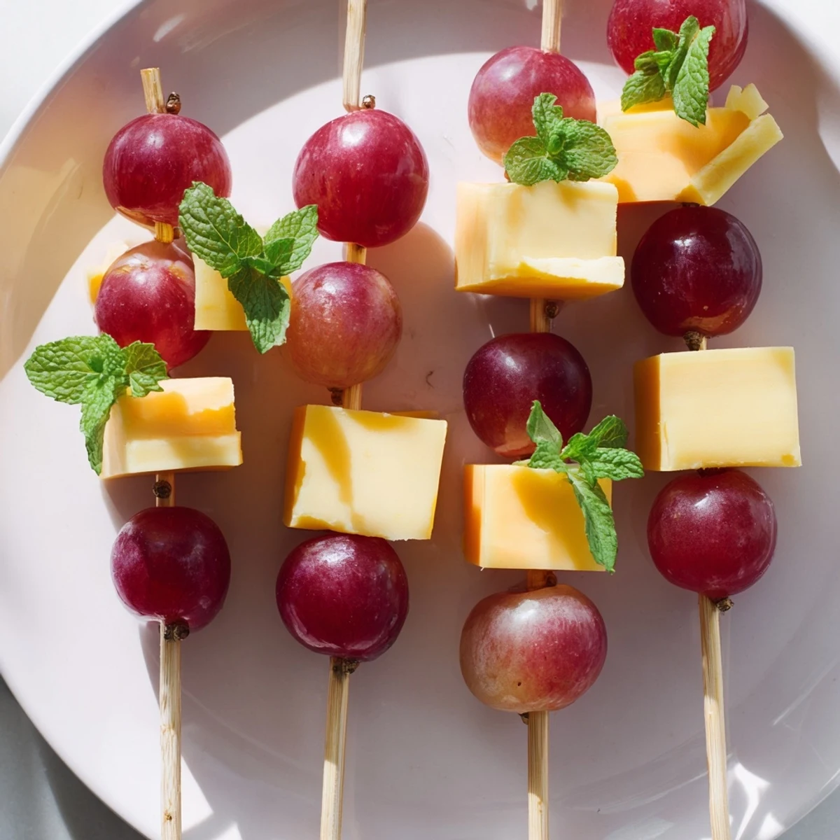 Vibrant image of Cheese & Grape Skewers, showing creamy cheese paired with juicy red grapes ready to eat.