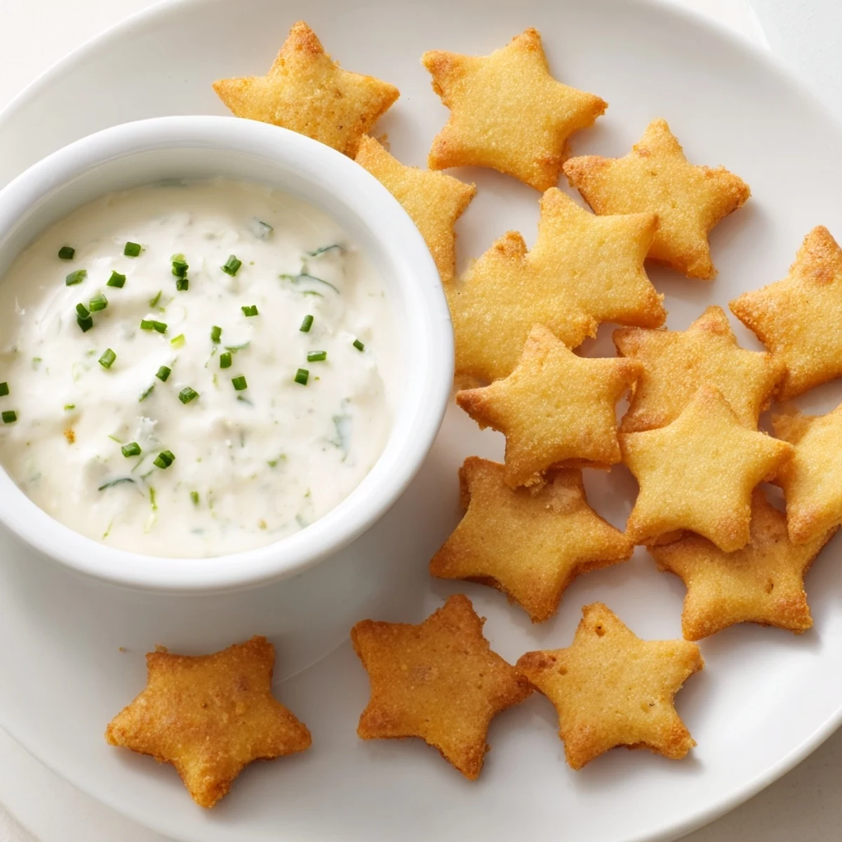 Golden, star-shaped holiday crackers arranged with a smooth, herbed dip ready for dipping.