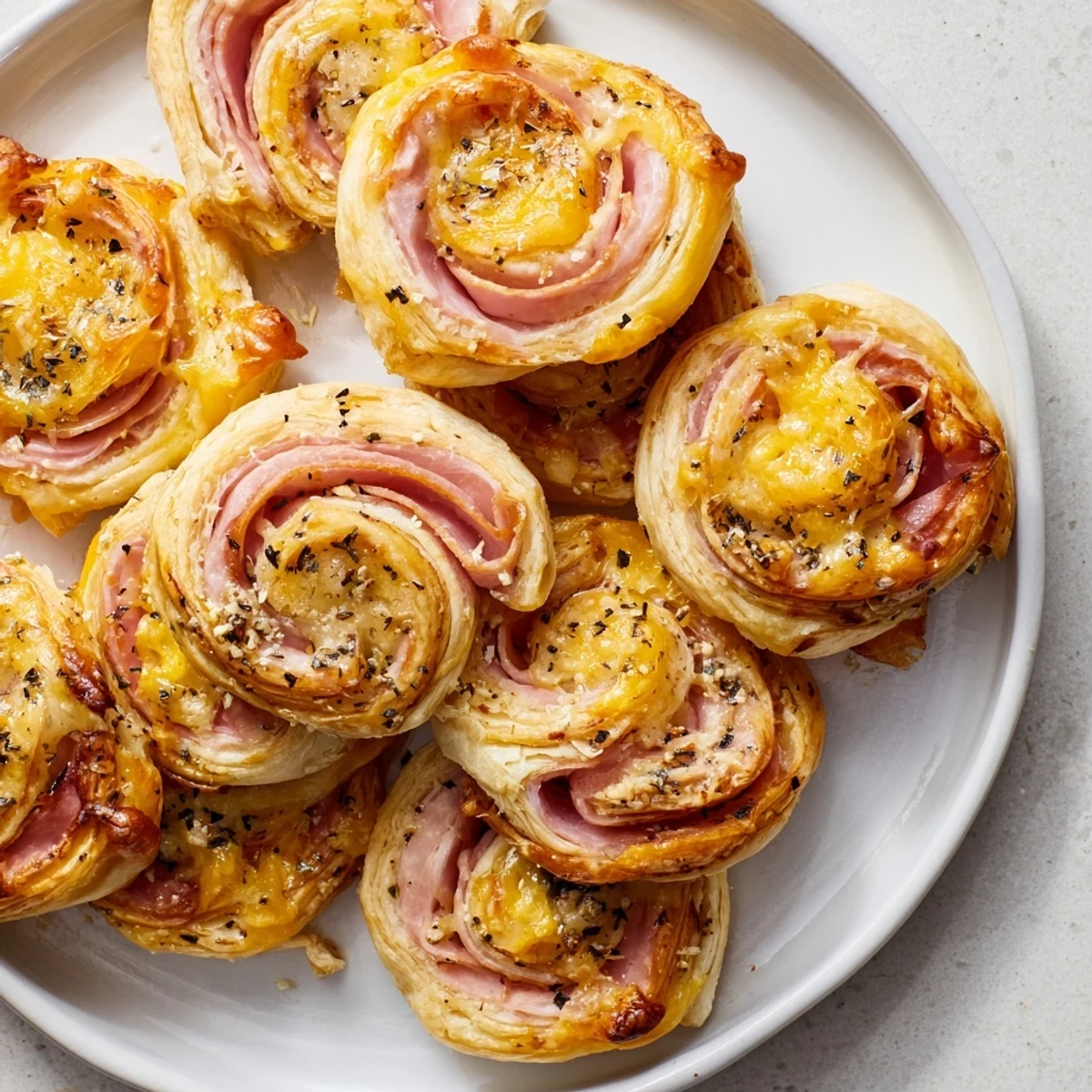 Golden, flaky Savory Ham and Cheese Pinwheel Rolls fresh from the oven, perfect for sharing.