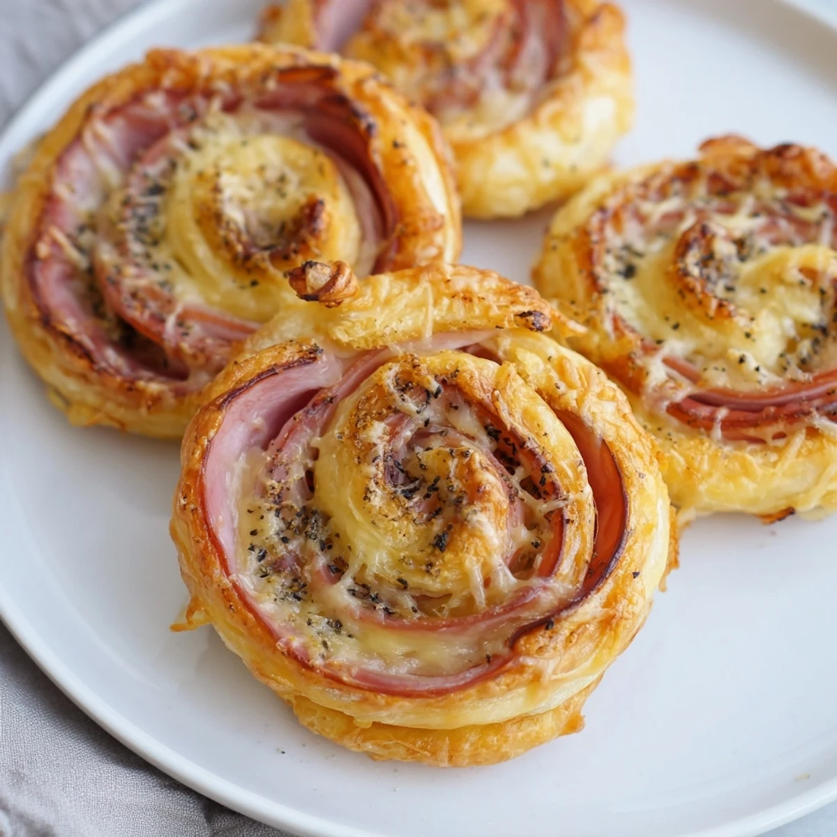 Warm, cheesy filling spilling from these delightful Savory Ham and Cheese Pinwheel Rolls, ready to eat!