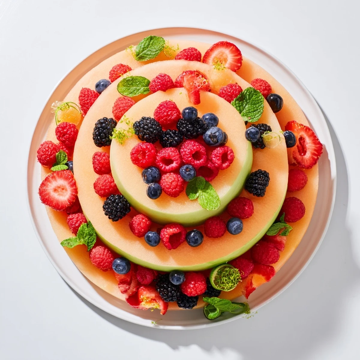 Vibrant Fruit Platter showcases layered cantaloupe, honeydew, and watermelon circles with fresh berries.