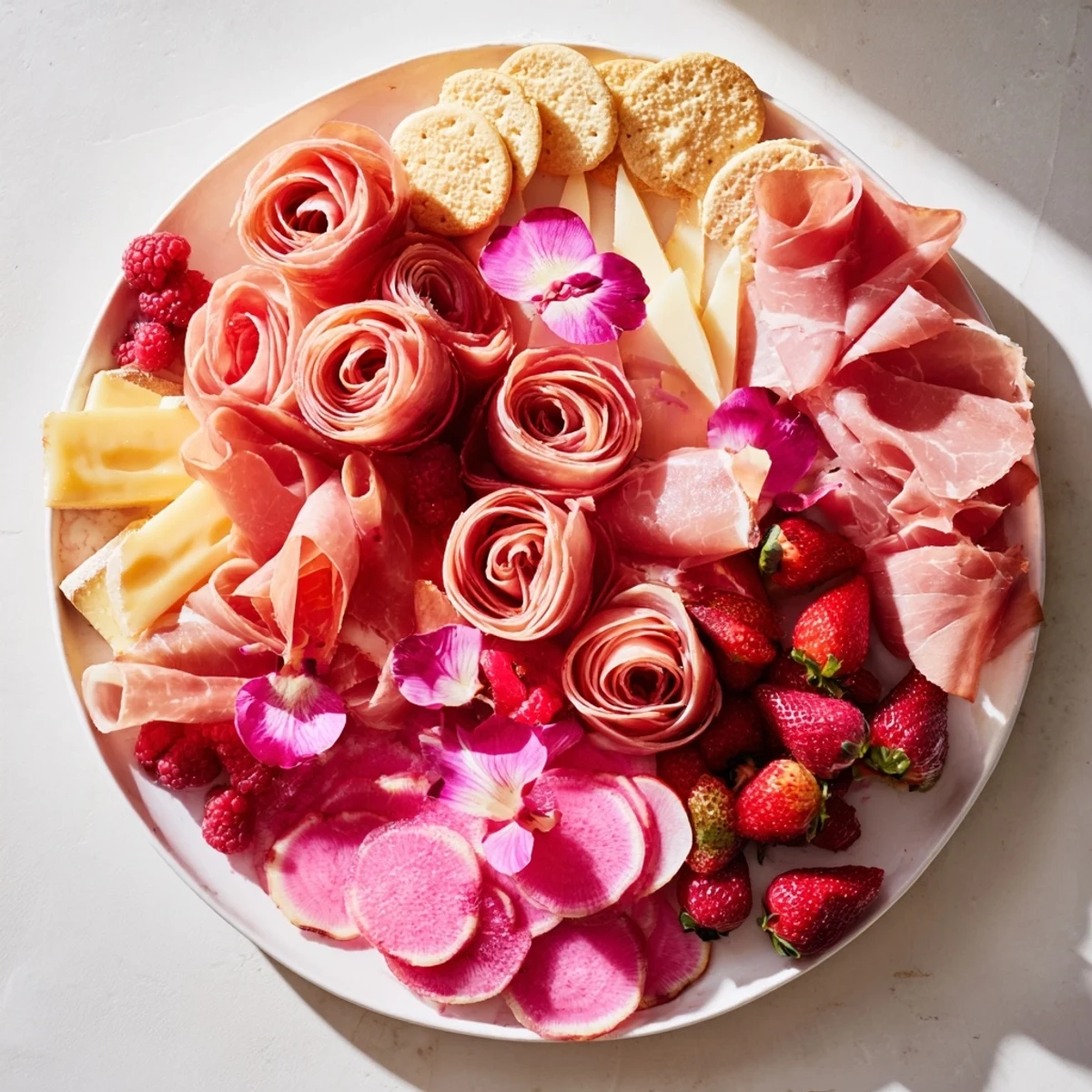 Delectable Pink Petal Watercolor Wash: a platter of thinly sliced meats, cheeses, and berries, perfect for sharing.