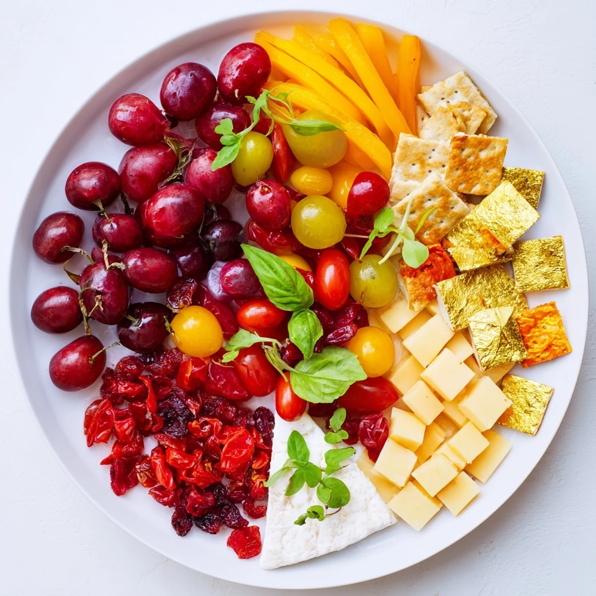 Crimson & Gold Gala appetizer platter showing ruby cherries next to golden pepper slices and crackers.