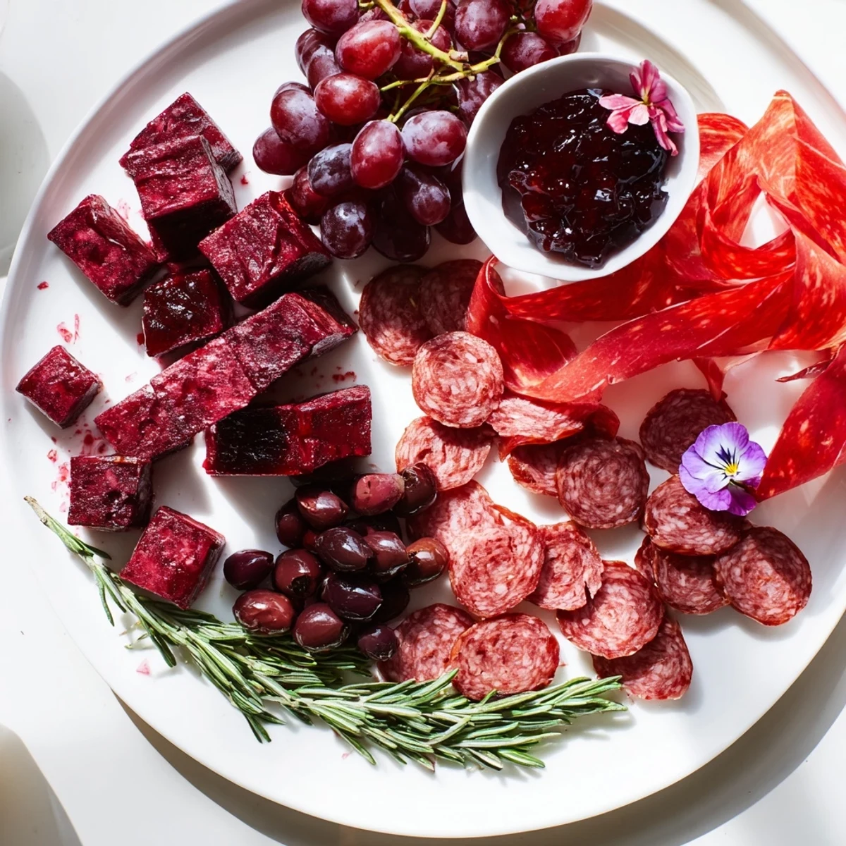 A visually stunning Ruby Red Wine Stain Board with red-stained cheeses, meats, and vibrant garnishes.