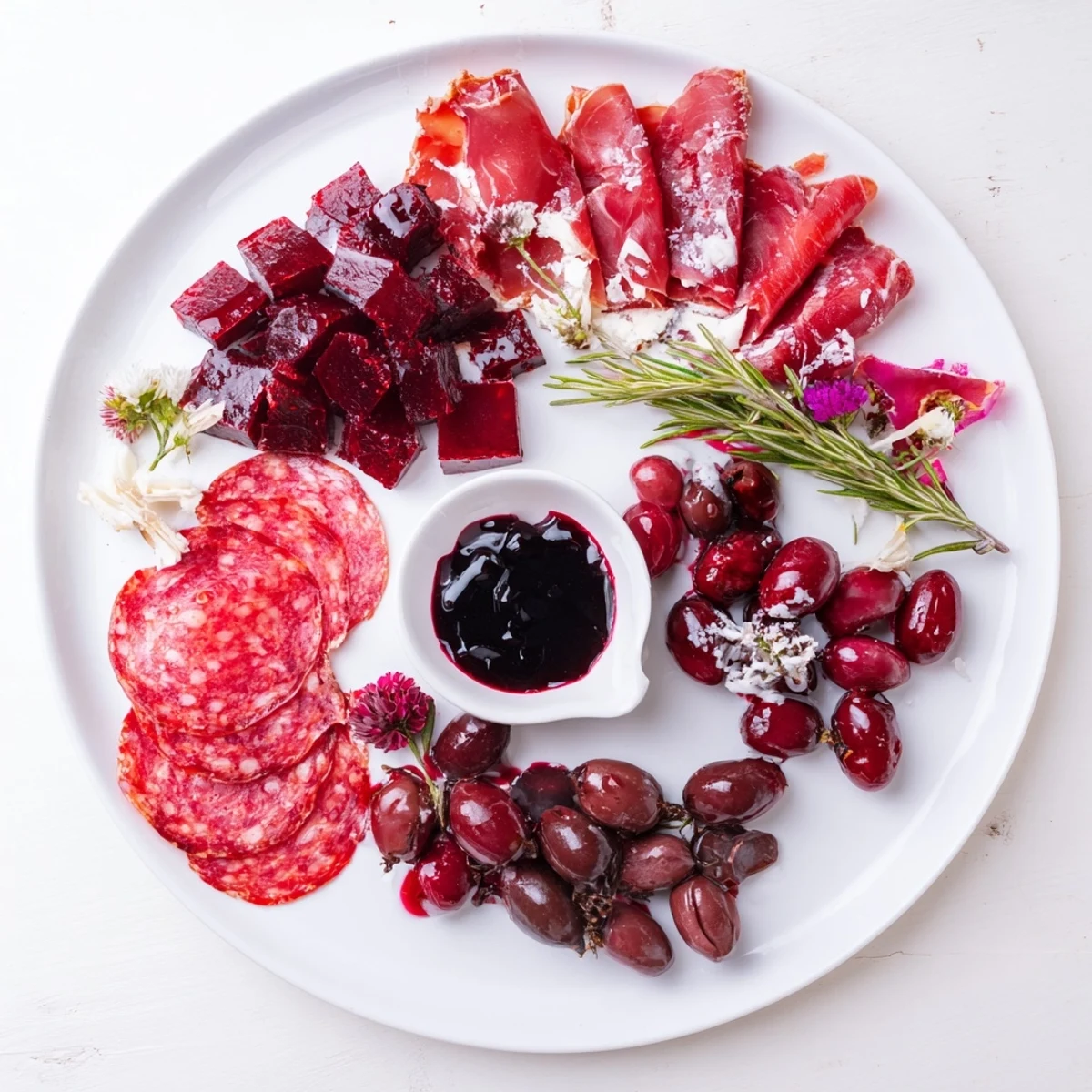 Delectable Ruby Red Wine Stain Board showcasing red cheeses, salami, and grapes around a wine bottle.