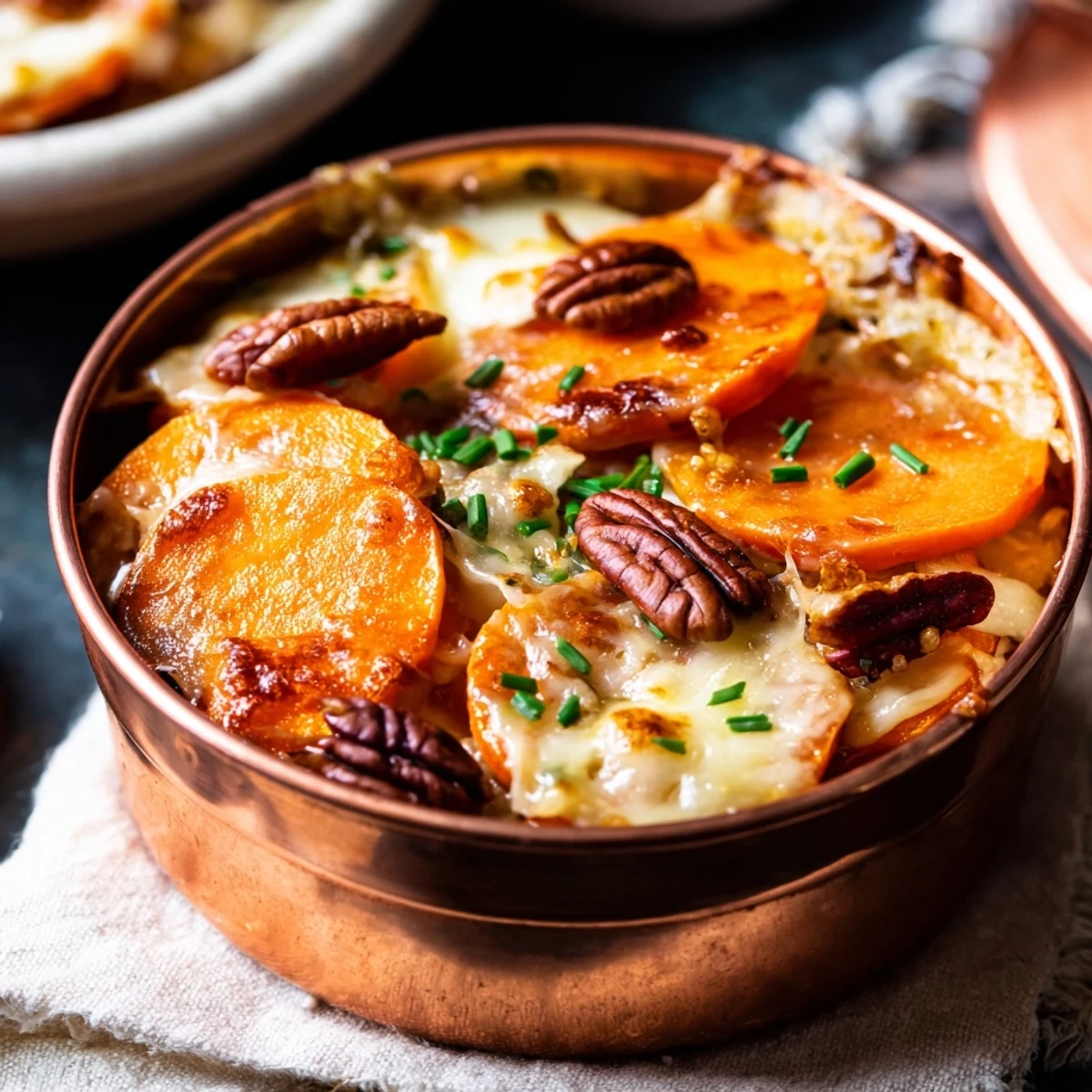 Golden Copper Penny Warmth with melted cheddar, a comforting autumn appetizer on a plate.