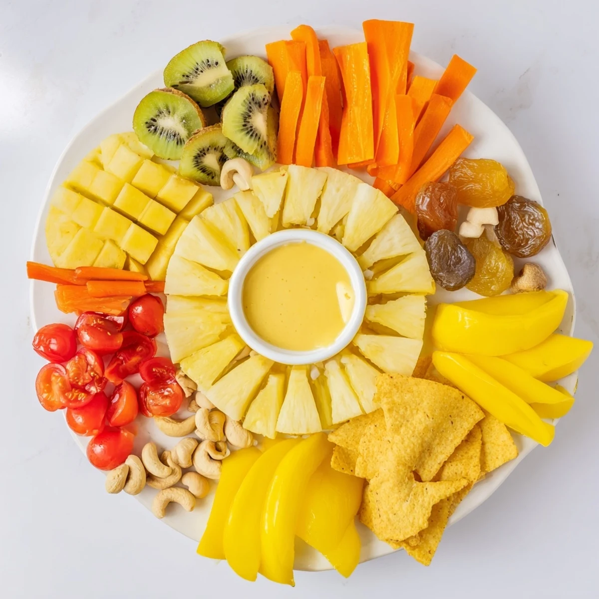 Vibrant 57, Sunny Yellow Citrus Burst grazing board overflowing with fresh fruits and creamy cheeses for sharing.