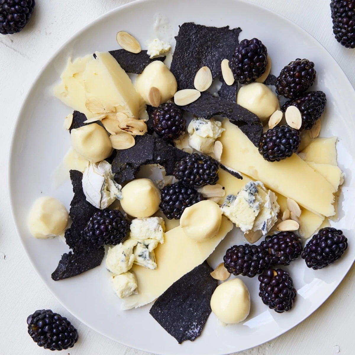 Enjoy this elegant Deep Indigo Midnight Sky cheese board, perfect for a party, with a variety of cheeses.