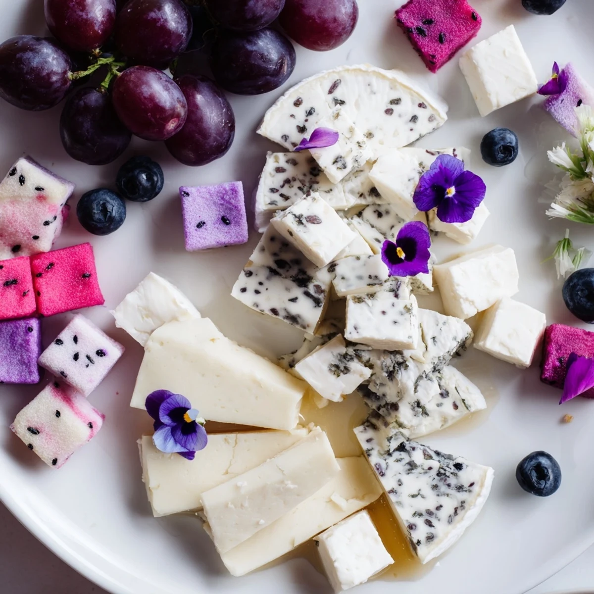 Dreamy Lavender Haze Dreamscape cheese board arranged with purple grapes, creamy cheeses, and edible flowers.