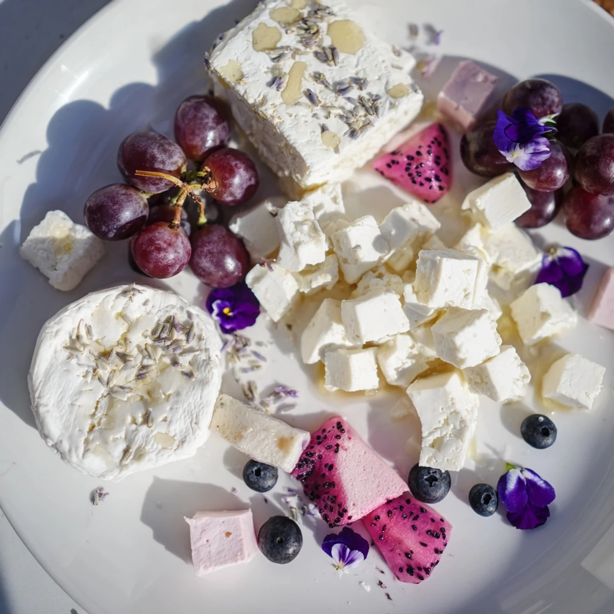 A close-up image of the Lavender Haze Dreamscape cheese board: a feast of pastel colors and textures.