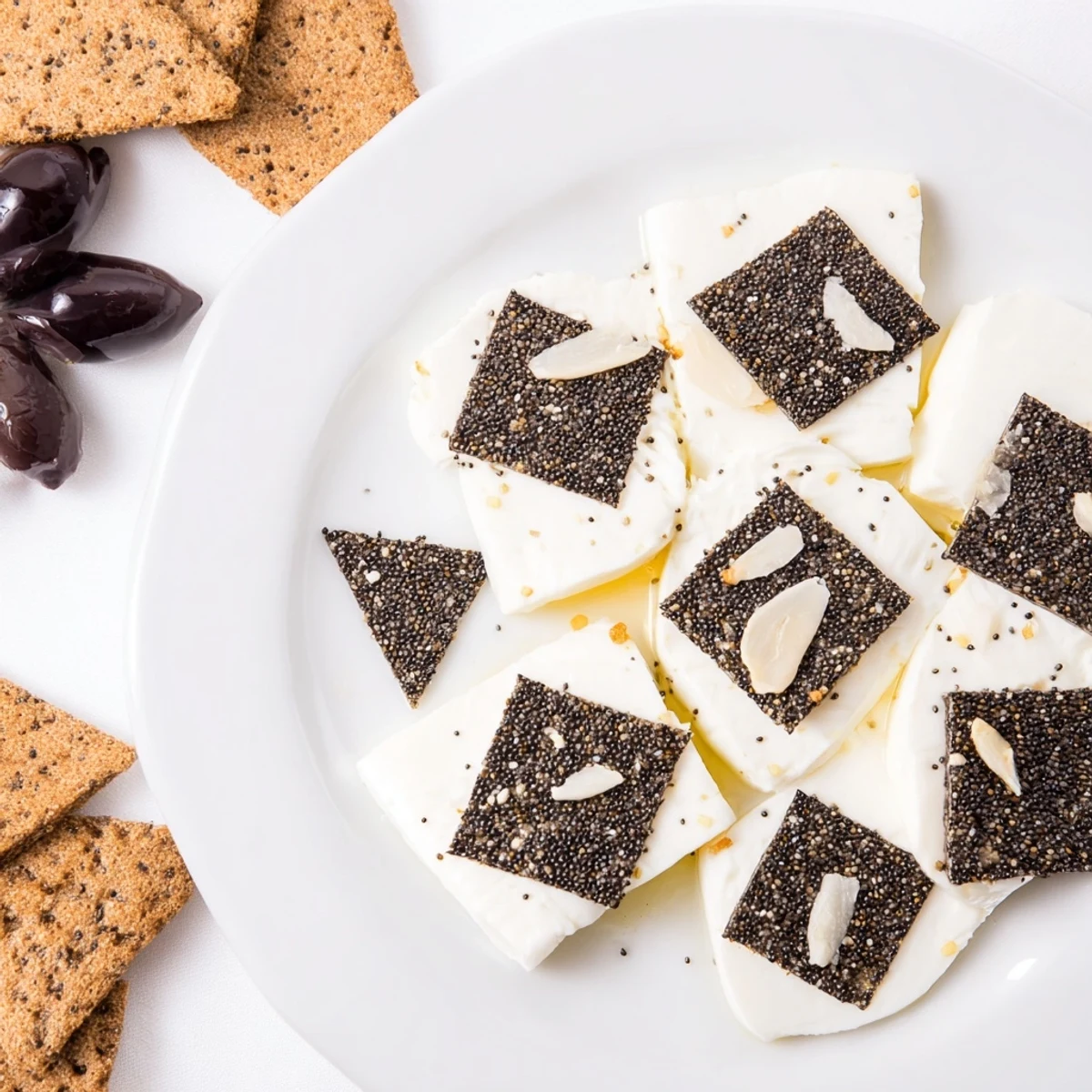 A "Black and White Formal Affair" appetizer platter: olives, mozzarella, and rye bread create a lovely contrast.