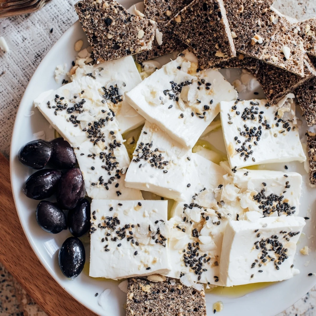 Imagine the elegant "Black and White Formal Affair" appetizer with arranged olives, cheese and sesame seeds, ready to serve.