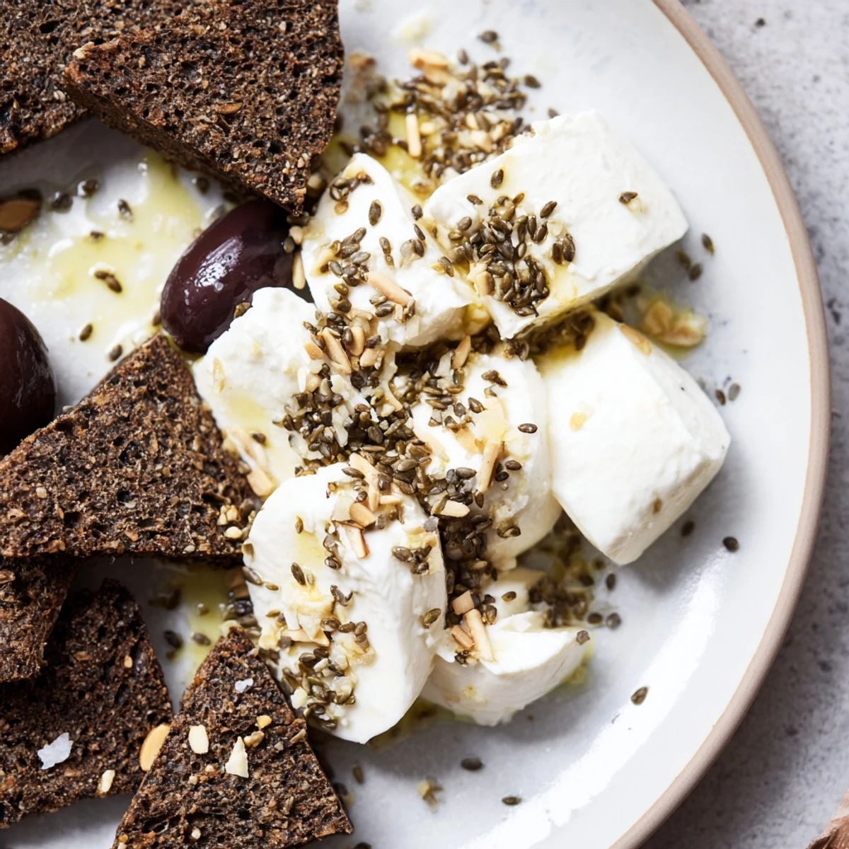 Glistening mozzarella and dark rye star in this "Black and White Formal Affair" appetizer arrangement, ready to be enjoyed.