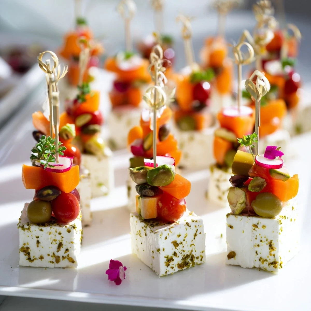 Visually stunning Hanging Gardens appetizer with colorful fresh veggies, fruits, and creamy cheeses.