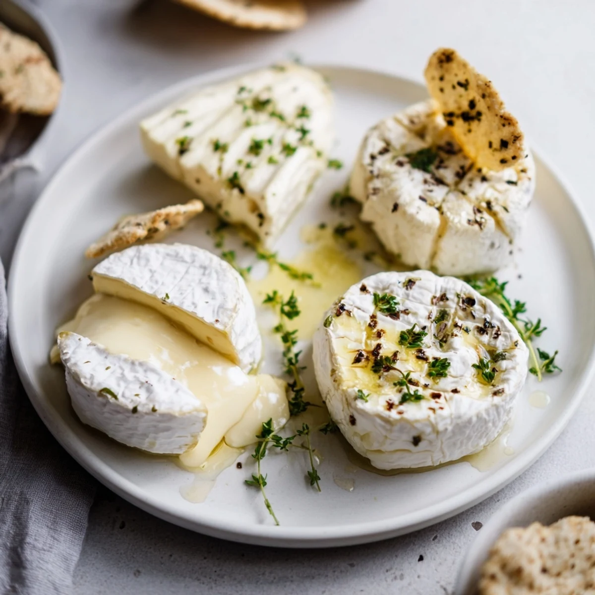 Cheese stepping stones appetizer: goat cheese, brie, and gouda arranged over blue corn chips.